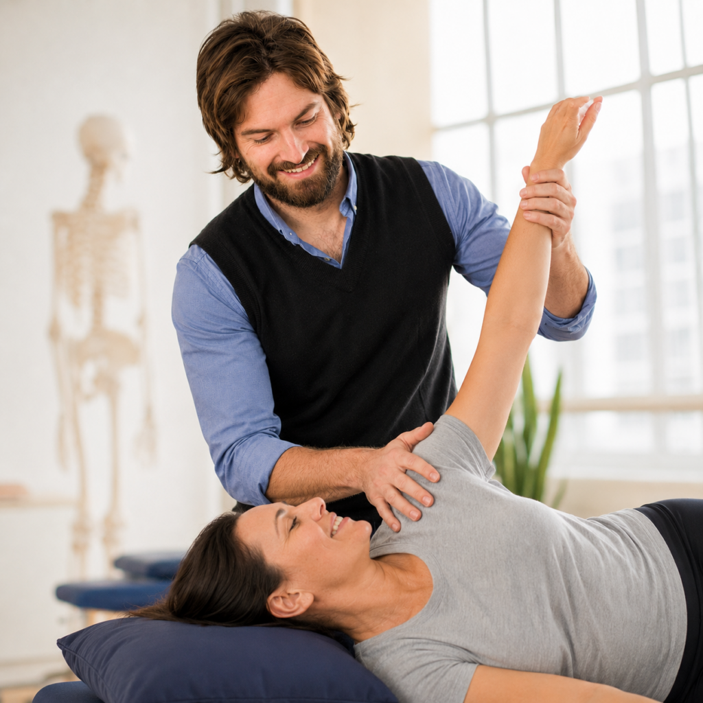Sports Therapy Guided Arm Stretch in Physiotherapy Clinic